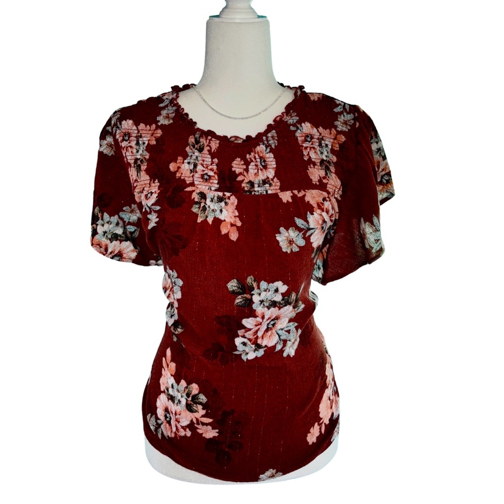 Maurices Burgundy Floral Print Ruffle Neck Flutter Sleeve Blouse Plus Size 3X